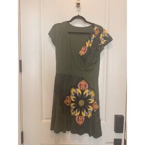Desigual Faux Wrap Dress Viscose Green Floral Medium